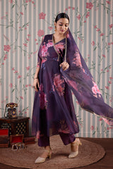 Purple Organza Floral Printed Kurta with Pant & Dupatta