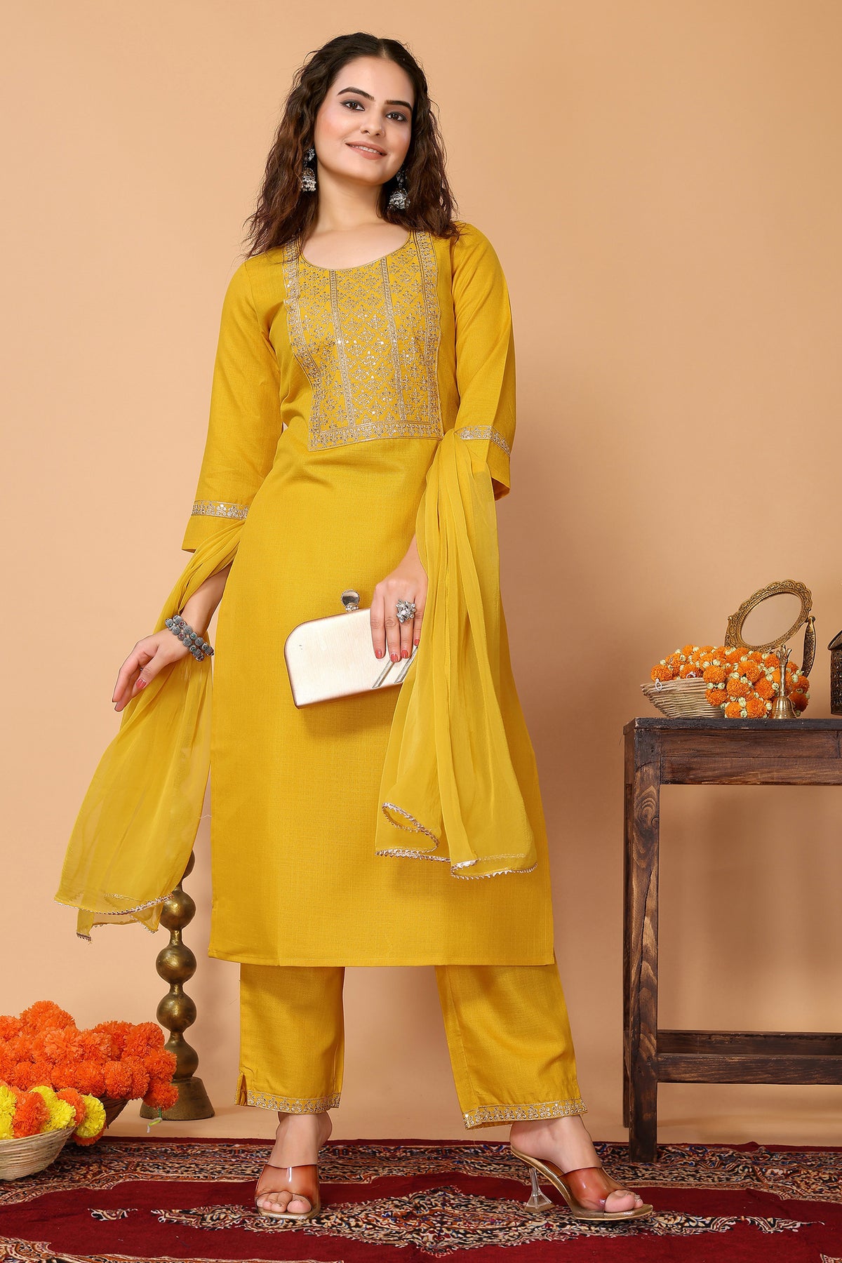 Yellow Cotton Blend Embroidered Neck Kurta with Pant, & Dupatta.