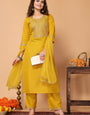 Yellow Cotton Blend Embroidered Neck Kurta with Pant, & Dupatta.