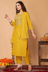 Yellow Cotton Blend Embroidered Neck Kurta with Pant, & Dupatta.