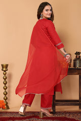 Red Cotton Blend Embroidered Neck Kurta with Pant, & Dupatta.