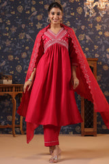 Red Cotton Silk Embroidered Alia-Cut Kurta, with Pant & Dupatta