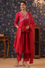 Red Cotton Silk Embroidered Alia-Cut Kurta, with Pant & Dupatta