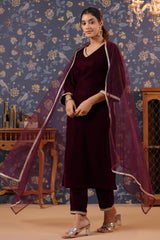 Maroon Velvet Kurta with Velvet Pant & Net Dupatta