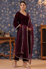 Maroon Velvet Kurta with Velvet Pant & Net Dupatta