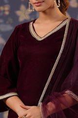 Maroon Velvet Kurta with Velvet Pant & Net Dupatta