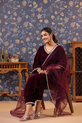 Maroon Velvet Kurta with Velvet Pant & Net Dupatta