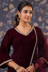 Maroon Velvet Kurta with Velvet Pant & Net Dupatta