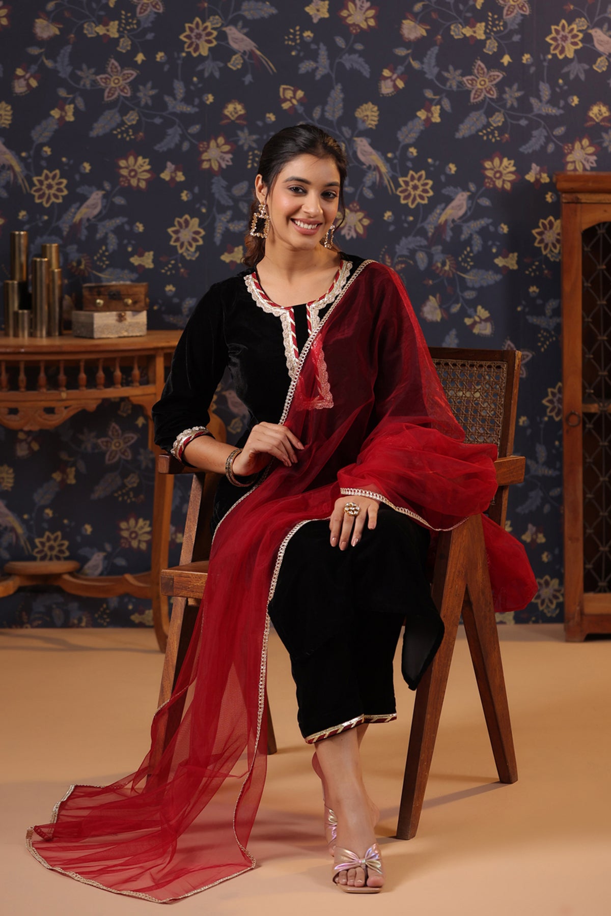 Black Velvet Kurta with Pant & Net Dupatta