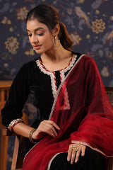 Black Velvet Kurta with Pant & Net Dupatta