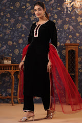 Black Velvet Kurta with Pant & Net Dupatta