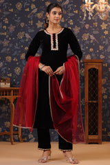 Black Velvet Kurta with Pant & Net Dupatta