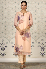 Peach Organza Floral Printed Kurta, with Pant & Dupatta