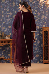 Maroon Velvet Kurta with Velvet Pant & Net Dupatta