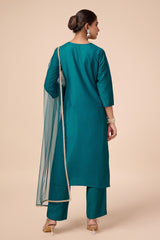 Teal Silk Blend Embroidered Kurta with Pant & Net Dupatta