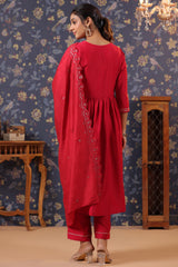 Red Cotton Silk Embroidered Alia-Cut Kurta, with Pant & Dupatta