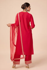 Red Silk Blend Kurta with Pant & Embroidered lace border Dupatta