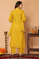 Yellow Cotton Blend Embroidered Neck Kurta with Pant, & Dupatta.