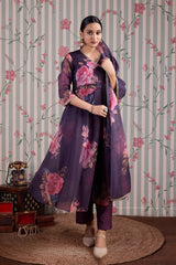 Purple Organza Floral Printed Kurta with Pant & Dupatta