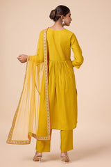 Yellow Silk blend Alia-Cut Embroidered Kurta with Pant & Net Dupatta