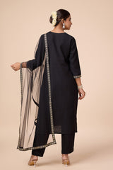 Black Silk Blend Embroidered Kurta, Pant & Net Dupatta