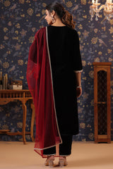 Black Velvet Kurta with Pant & Net Dupatta