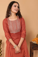 Rust Cotton Blend Embroidered Neck Kurta with Pant & Dupatta