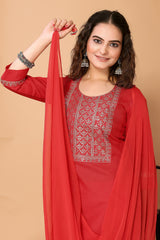 Red Cotton Blend Embroidered Neck Kurta with Pant, & Dupatta.