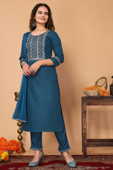 Blue Cotton Blend Embroidered Neck Kurta with Pant, & Dupatta.