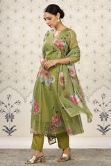 Green Organza Floral Printed Kurta with Pant, & Dupatta