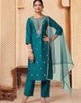 Teal Silk Blend Embroidered Kurta with Pant & Net Dupatta