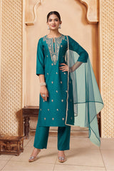 Teal Silk Blend Embroidered Kurta with Pant & Net Dupatta