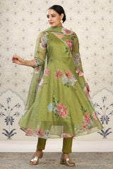 Green Organza Floral Printed Kurta with Pant, & Dupatta