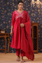 Red Cotton Silk Embroidered Alia-Cut Kurta, with Pant & Dupatta