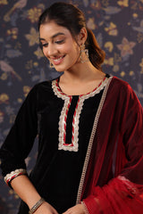 Black Velvet Kurta with Pant & Net Dupatta