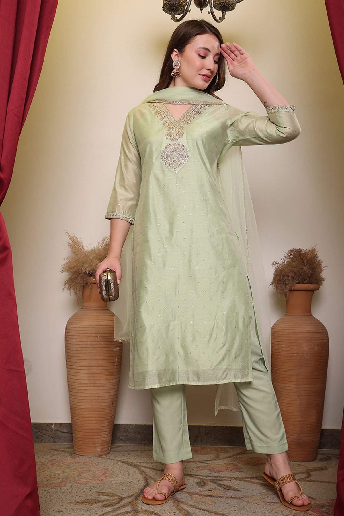 Light Green Embroidred Chanderi Kurta with Silk Pant & Net Dupatta