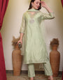 Light Green Embroidred Chanderi Kurta with Silk Pant & Net Dupatta