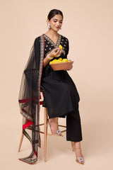 Black Silk Blend Alia-Cut Kurta, Pant & Net Dupatta