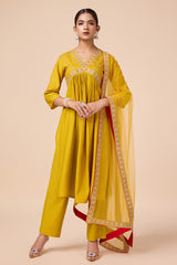 Yellow Silk blend Alia-Cut Embroidered Kurta with Pant & Net Dupatta