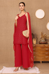 Red Georgette Embroidered Kurta with Garara & Dupatta