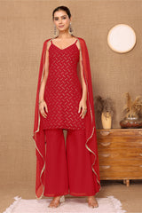 Red Georgette Embroidered Kurta with Garara & Dupatta