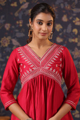 Red Cotton Silk Embroidered Alia-Cut Kurta, with Pant & Dupatta