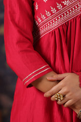 Red Cotton Silk Embroidered Alia-Cut Kurta, with Pant & Dupatta