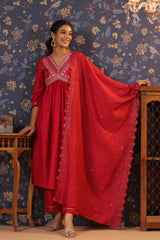 Red Cotton Silk Embroidered Alia-Cut Kurta, with Pant & Dupatta