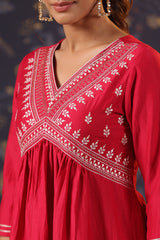 Red Cotton Silk Embroidered Alia-Cut Kurta, with Pant & Dupatta