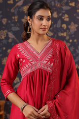 Red Cotton Silk Embroidered Alia-Cut Kurta, with Pant & Dupatta