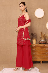 Red Georgette Embroidered Kurta with Garara & Dupatta