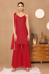 Red Georgette Embroidered Kurta with Garara & Dupatta