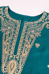 Teal Silk Blend Embroidered Kurta with Pant & Net Dupatta