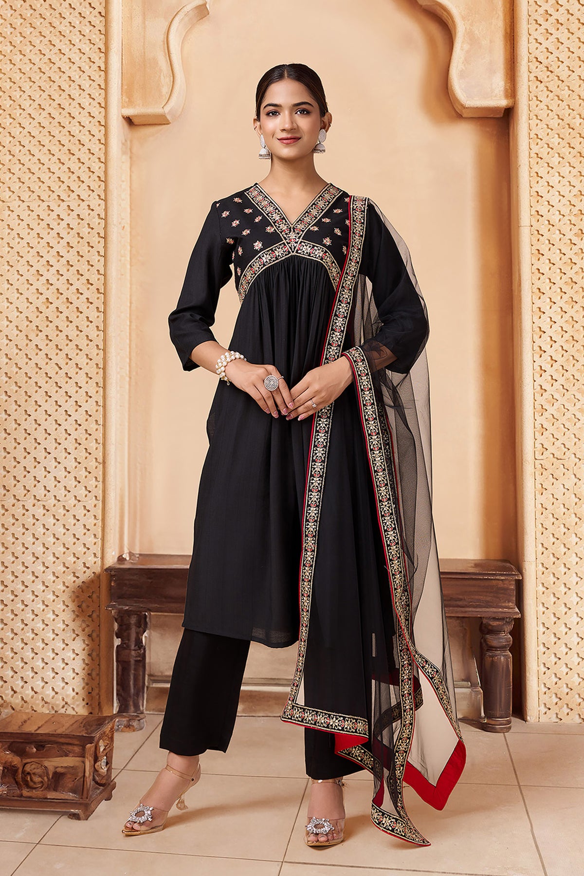 Black Silk Blend Alia-Cut Kurta, Pant & Net Dupatta